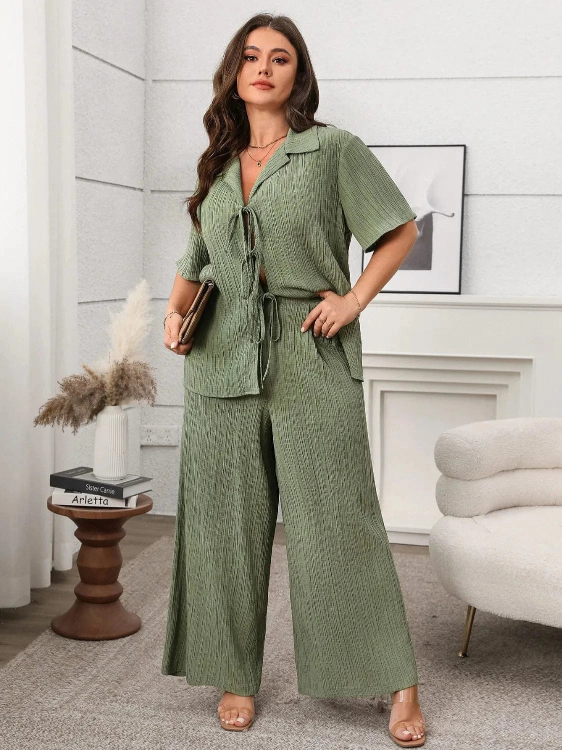 Plus Size Tie Front Short Sleeve Top and Pants Set - ShalayeFashion