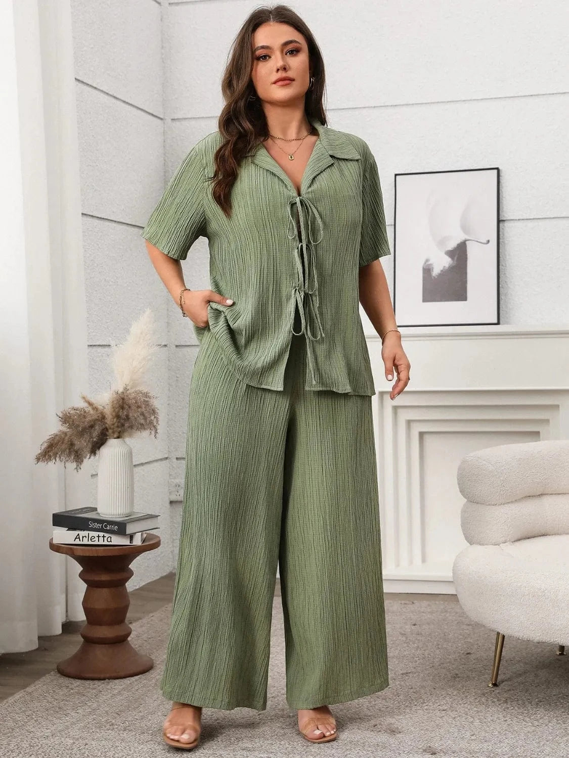 Plus Size Tie Front Short Sleeve Top and Pants Set - ShalayeFashion