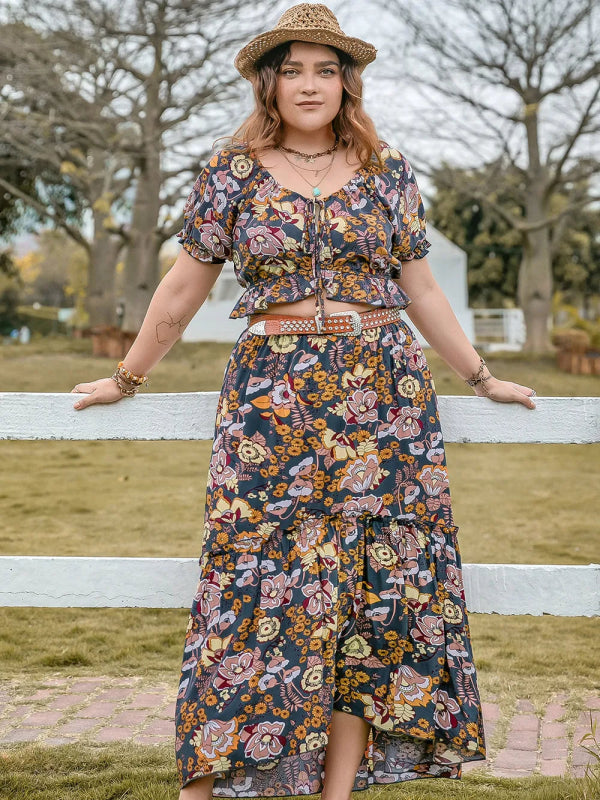 Plus Size Tie Neck Short Sleeve Top and Skirt Set - ShalayeFashion
