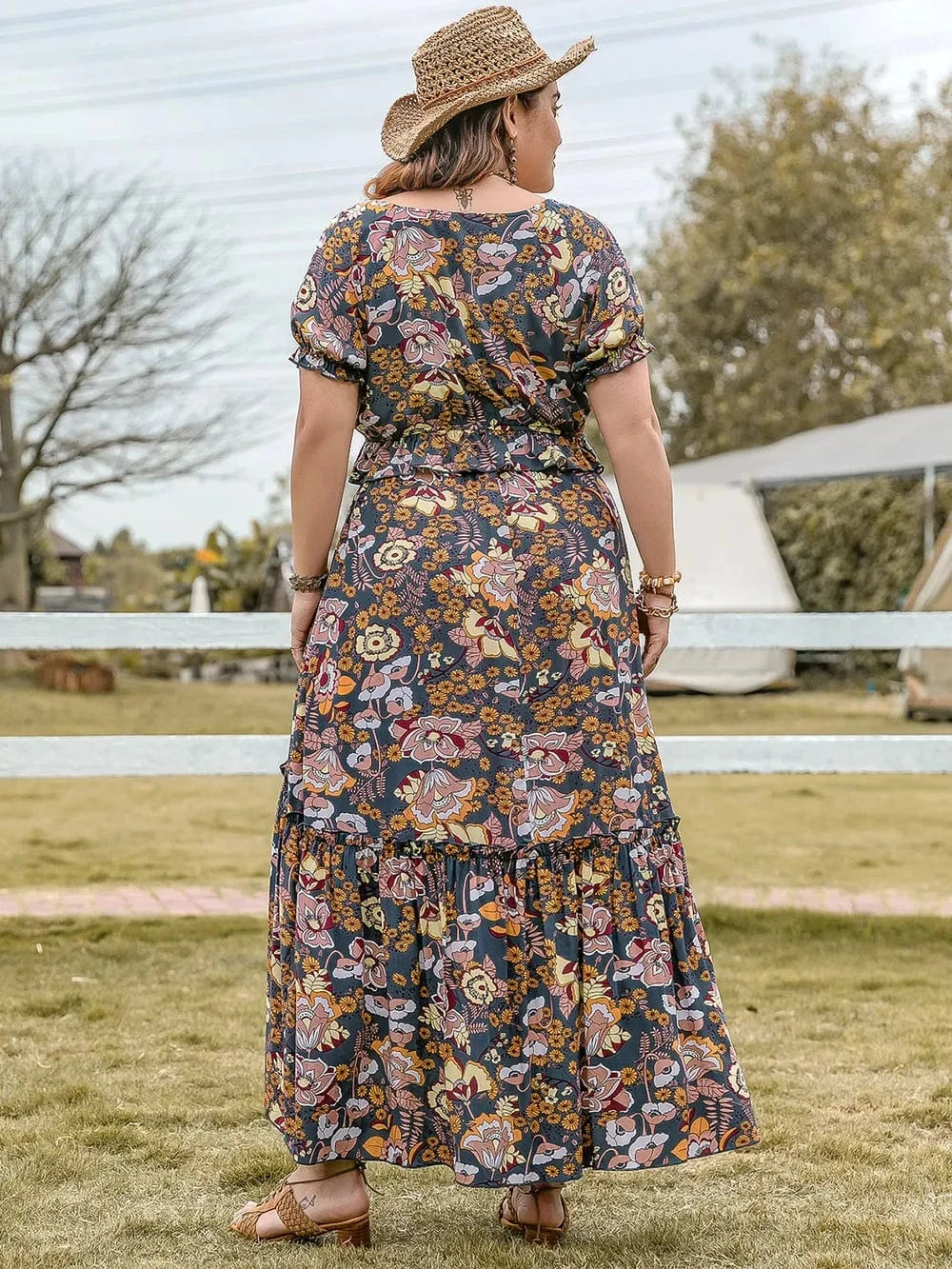 Plus Size Tie Neck Short Sleeve Top and Skirt Set - ShalayeFashion