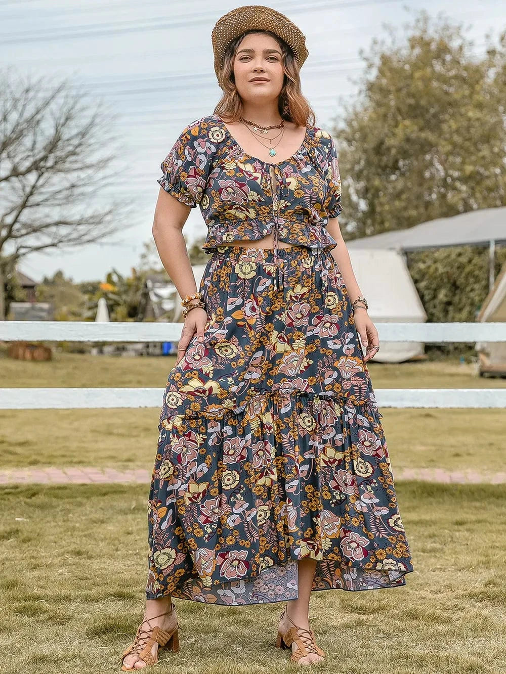 Plus Size Tie Neck Short Sleeve Top and Skirt Set - ShalayeFashion