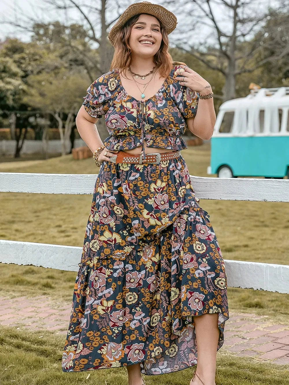 Plus Size Tie Neck Short Sleeve Top and Skirt Set - ShalayeFashion
