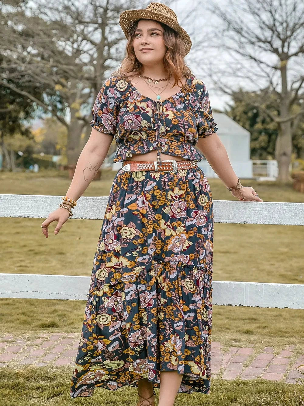 Plus Size Tie Neck Short Sleeve Top and Skirt Set - ShalayeFashion