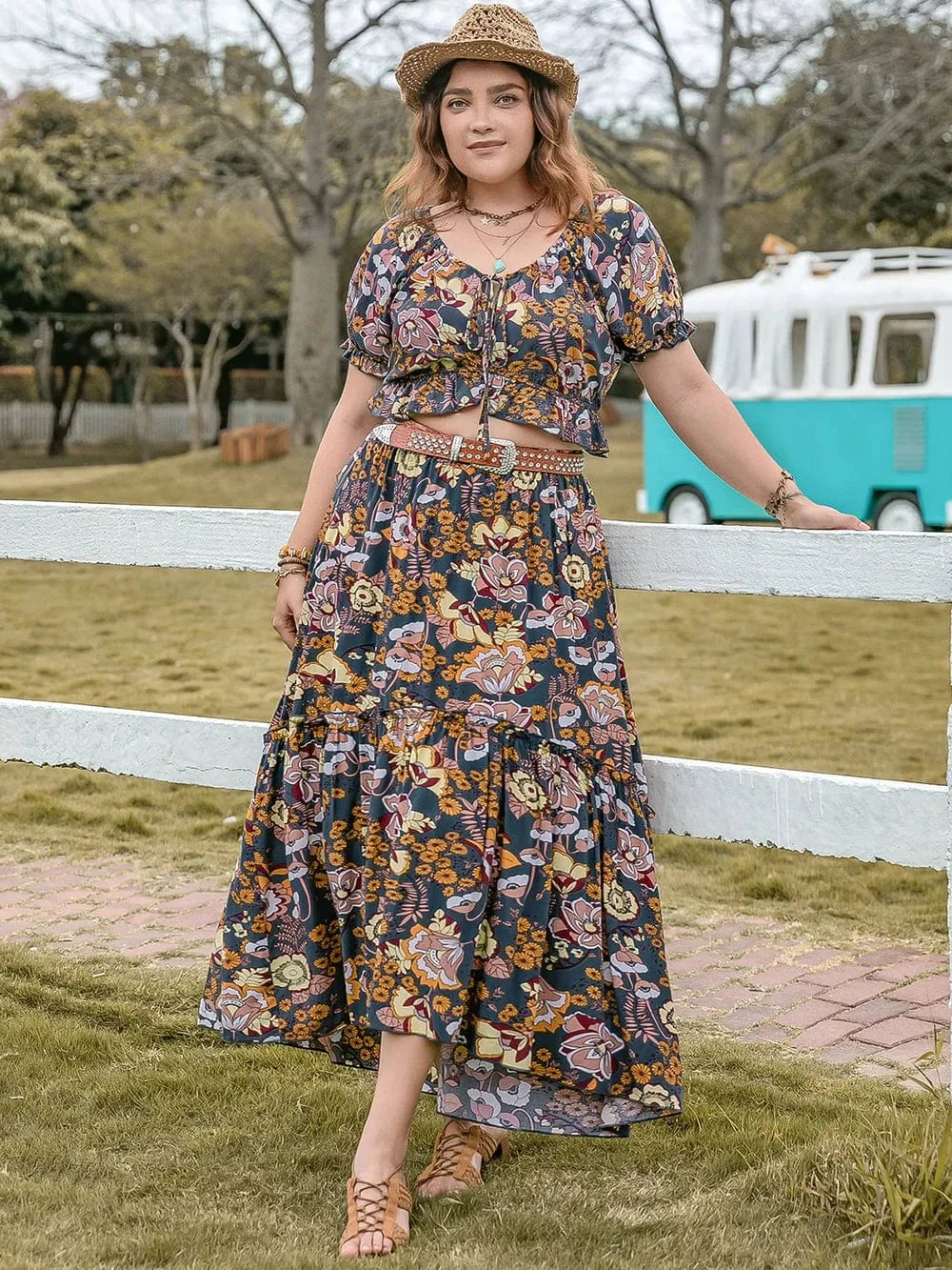 Plus Size Tie Neck Short Sleeve Top and Skirt Set - ShalayeFashion