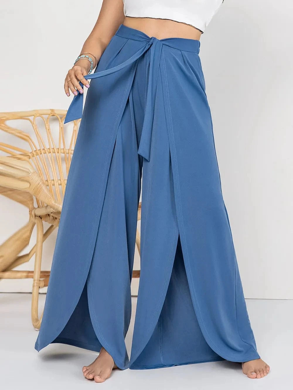 Plus Size Tied Slit Wide Leg Pants - ShalayeFashion