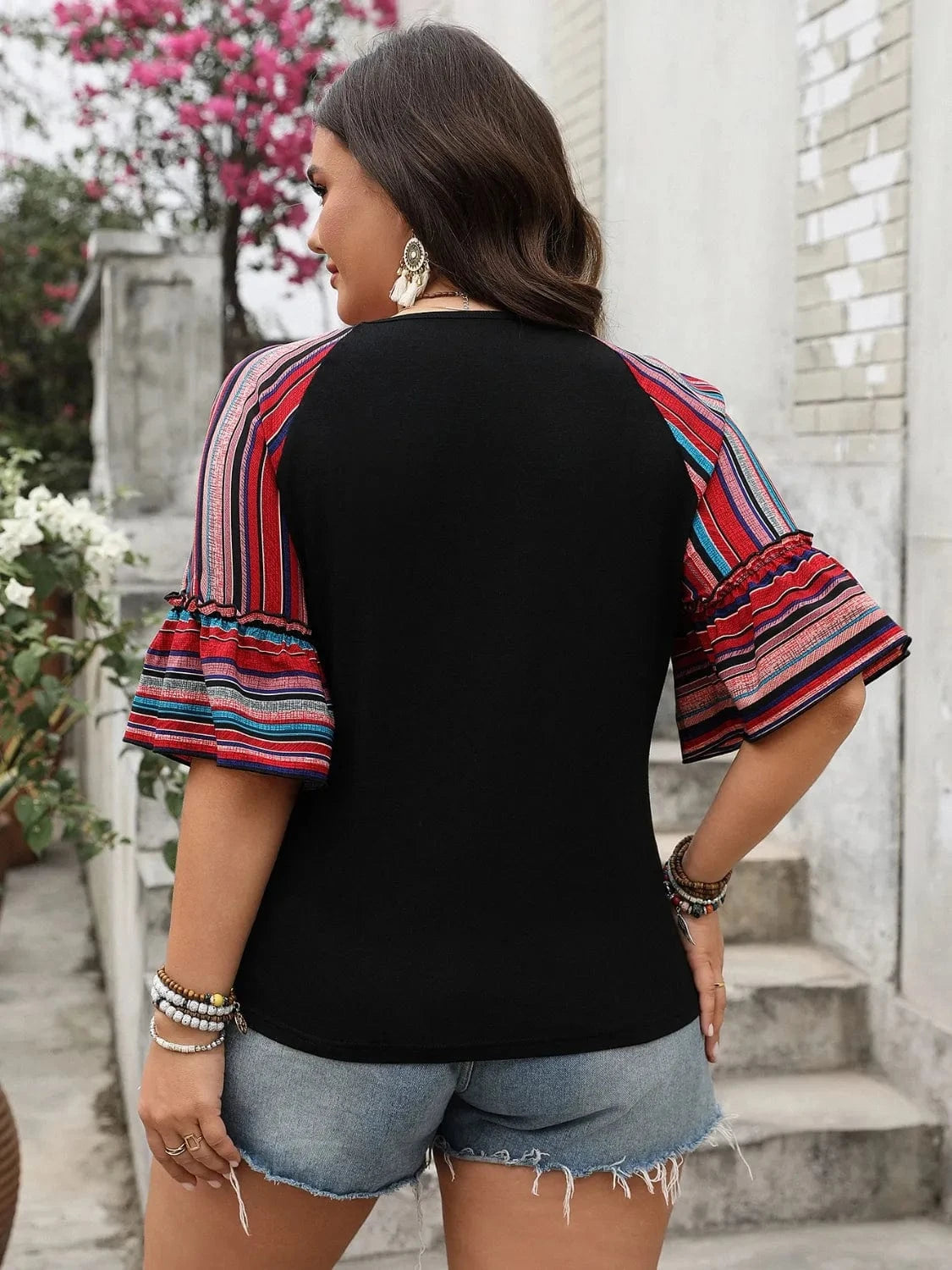 Plus Size V - Neck Flounce Sleeve Top - ShalayeFashion