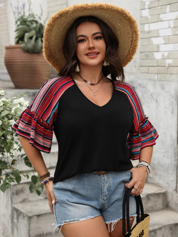 Plus Size V - Neck Flounce Sleeve Top - ShalayeFashion