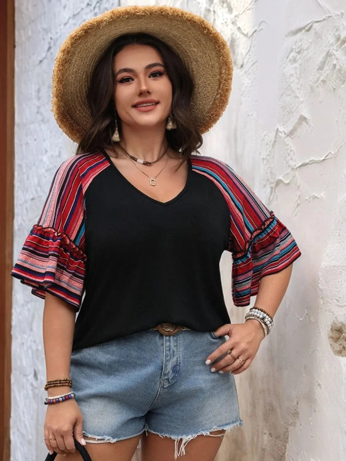 Plus Size V - Neck Flounce Sleeve Top - ShalayeFashion