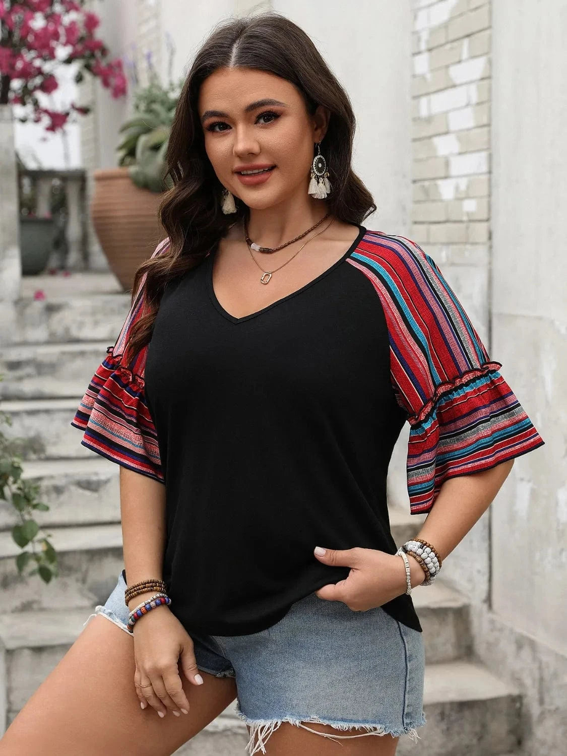 Plus Size V - Neck Flounce Sleeve Top - ShalayeFashion