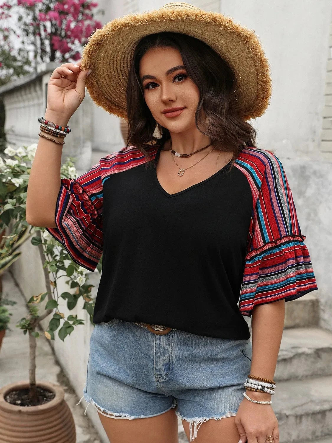Plus Size V - Neck Flounce Sleeve Top - ShalayeFashion