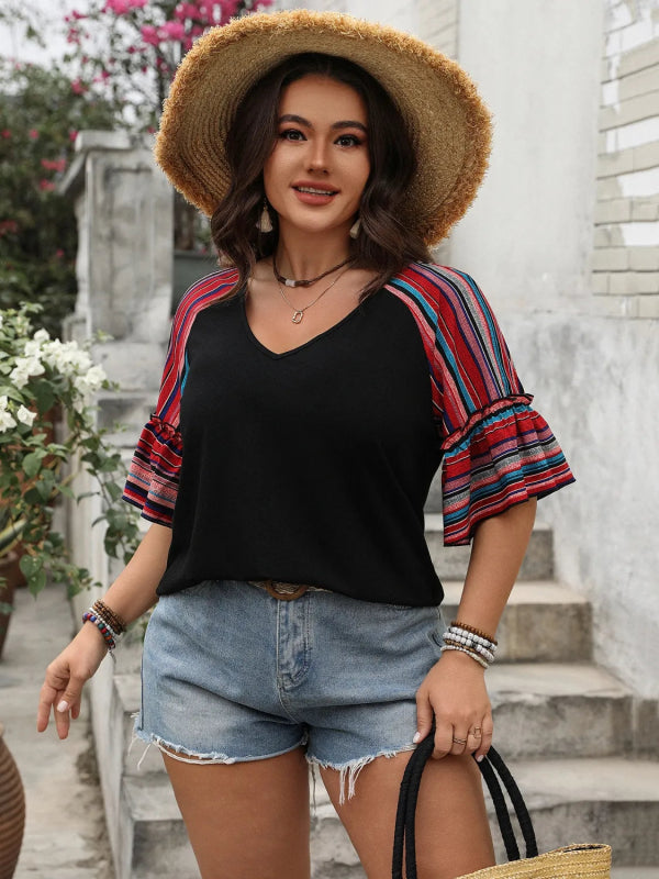 Plus Size V - Neck Flounce Sleeve Top - ShalayeFashion