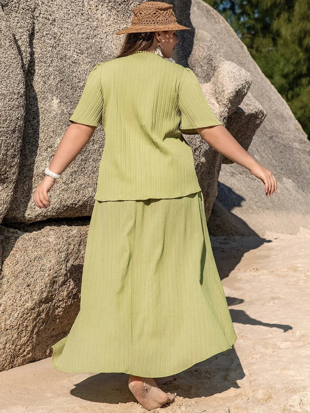 Plus Size V - Neck Half Sleeve Top and High - Low Skirt Set - ShalayeFashion