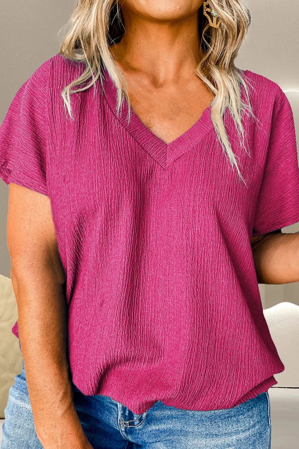 Plus Size V - Neck Short Sleeve Top - ShalayeFashion