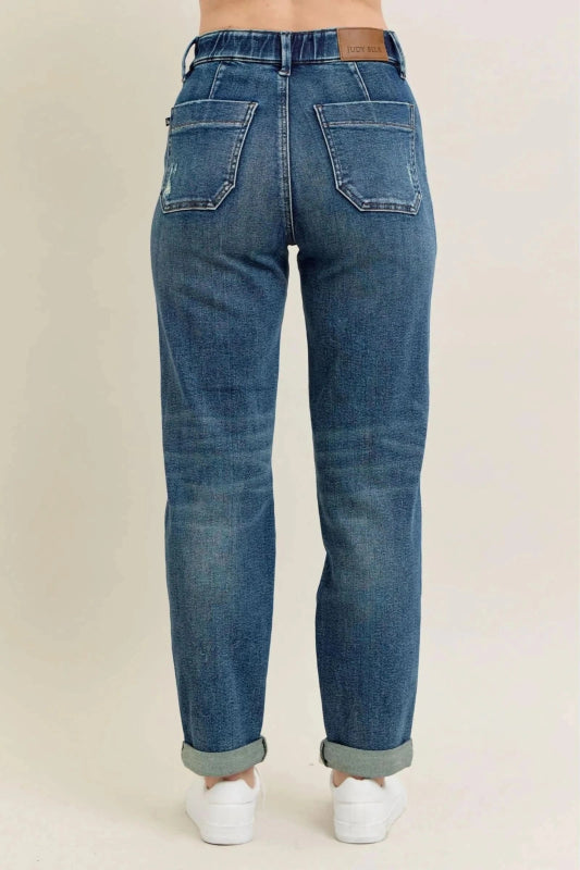 Plus Size Vintage Wash Drawstring Jeans - ShalayeFashion