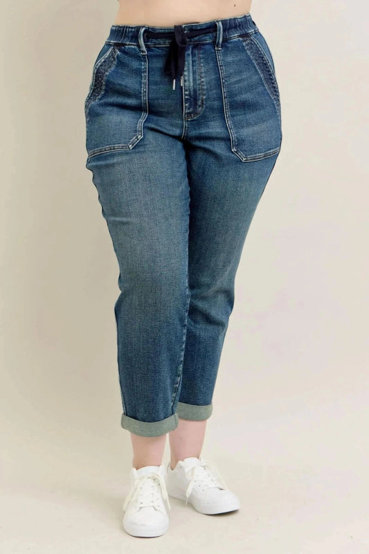 Plus Size Vintage Wash Drawstring Jeans - ShalayeFashion