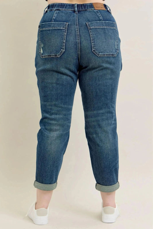 Plus Size Vintage Wash Drawstring Jeans - ShalayeFashion