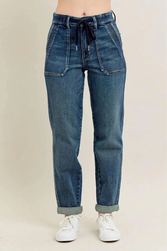 Plus Size Vintage Wash Drawstring Jeans - ShalayeFashion