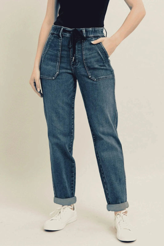 Plus Size Vintage Wash Drawstring Jeans - ShalayeFashion