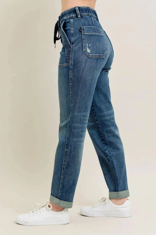 Plus Size Vintage Wash Drawstring Jeans - ShalayeFashion