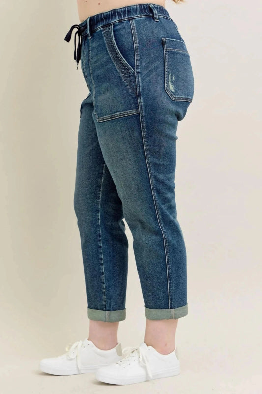 Plus Size Vintage Wash Drawstring Jeans - ShalayeFashion