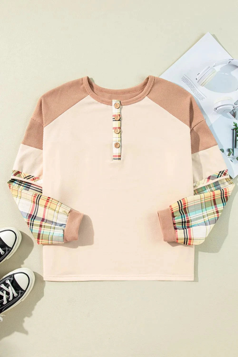 Plus Size Waffle - Knit Detail Plaid Round Neck Top - ShalayeFashion
