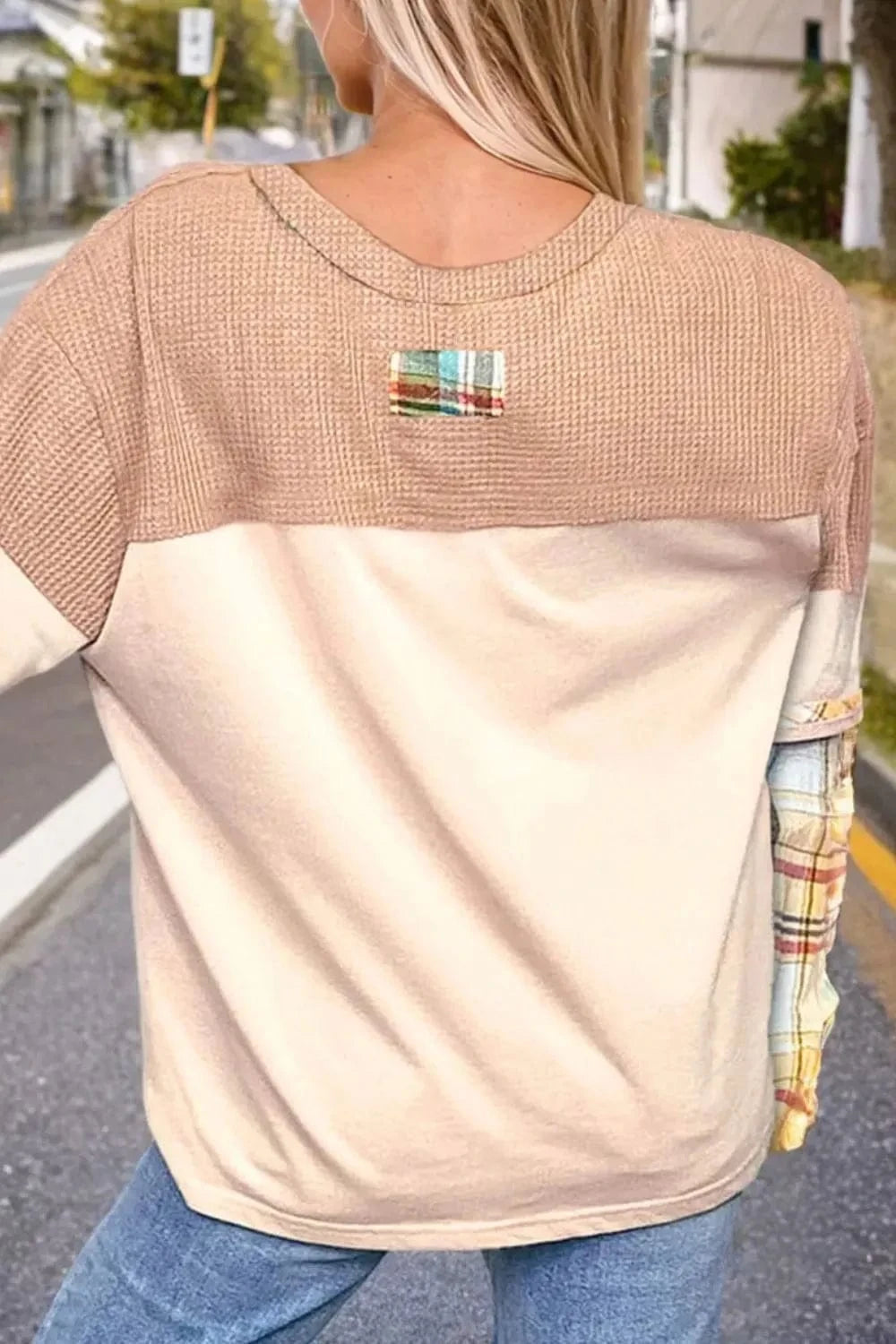 Plus Size Waffle - Knit Detail Plaid Round Neck Top - ShalayeFashion