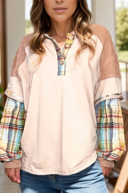 Plus Size Waffle - Knit Detail Plaid Round Neck Top - ShalayeFashion