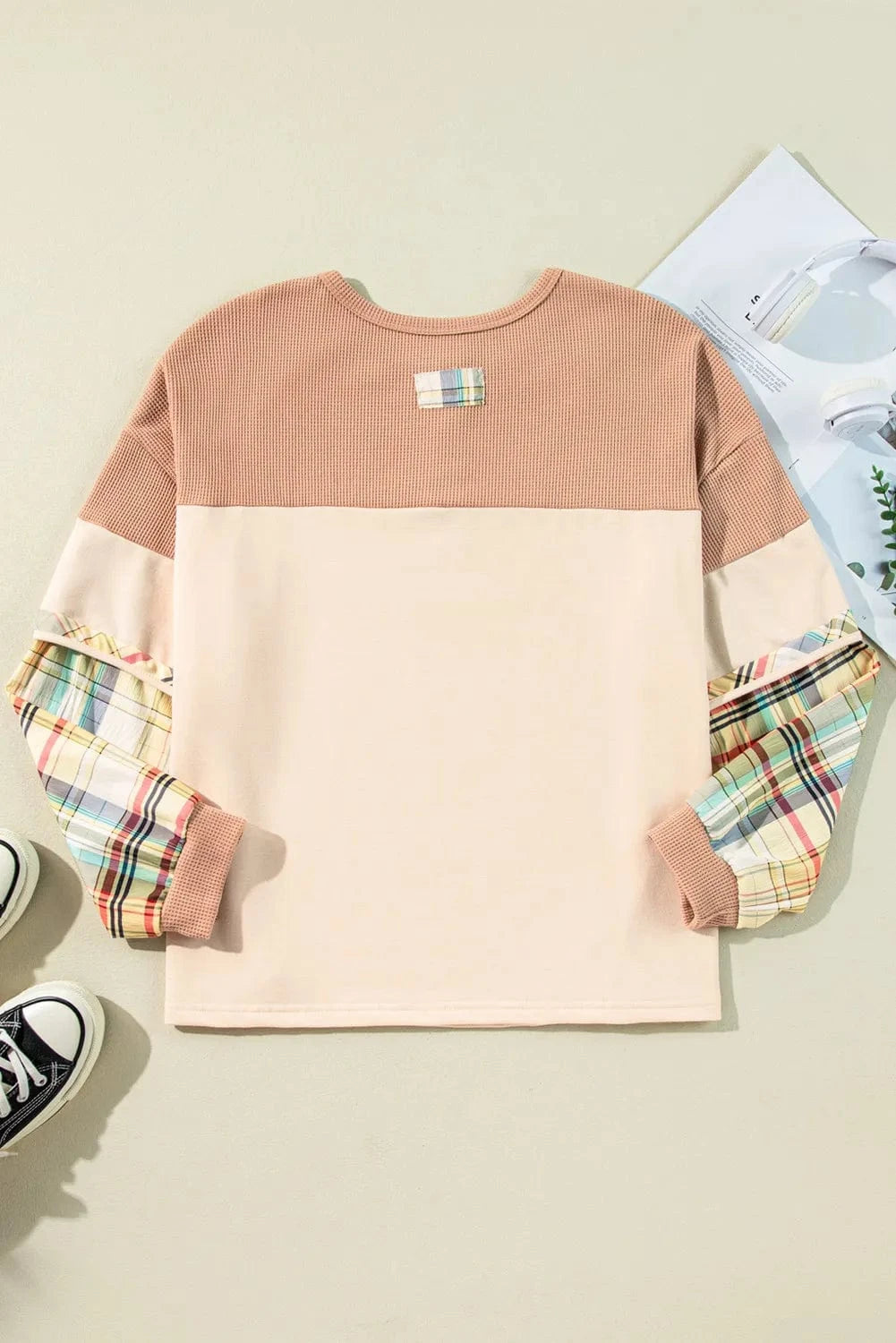 Plus Size Waffle - Knit Detail Plaid Round Neck Top - ShalayeFashion