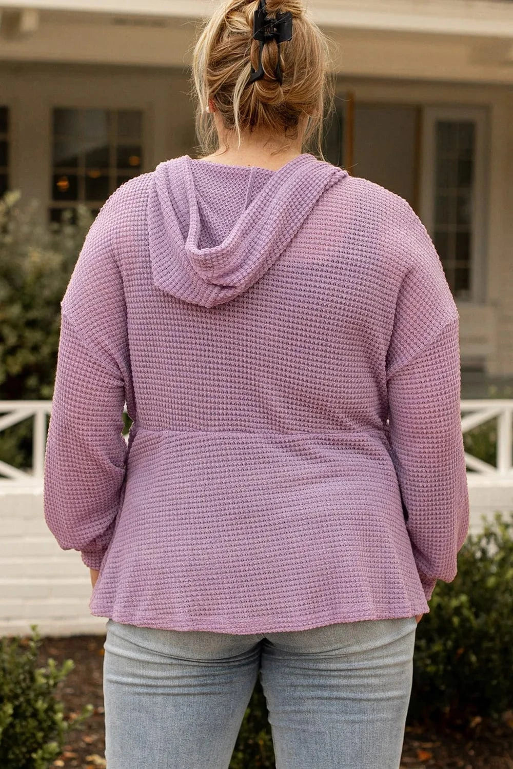 Plus Size Waffle Knit Drawstring Half Button Hooded Knit Top - ShalayeFashion
