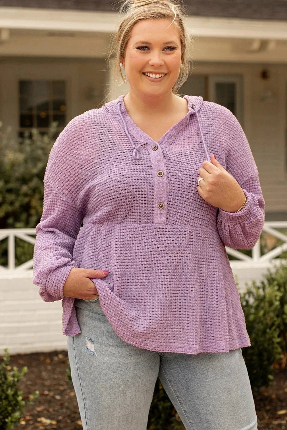 Plus Size Waffle Knit Drawstring Half Button Hooded Knit Top - ShalayeFashion