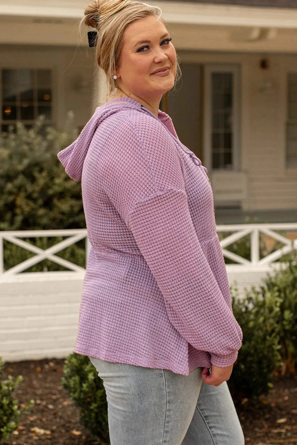 Plus Size Waffle Knit Drawstring Half Button Hooded Knit Top - ShalayeFashion