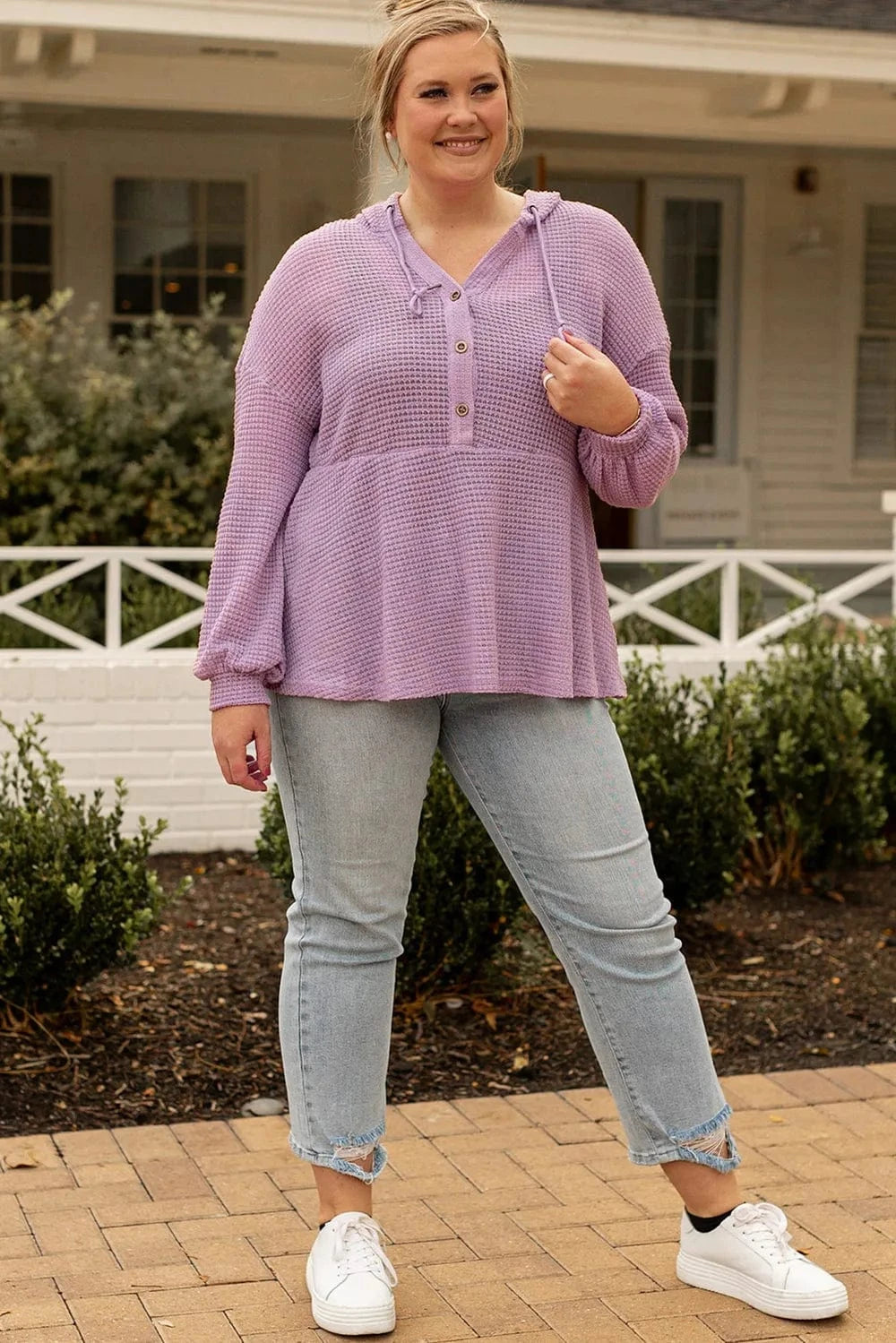 Plus Size Waffle Knit Drawstring Half Button Hooded Knit Top - ShalayeFashion