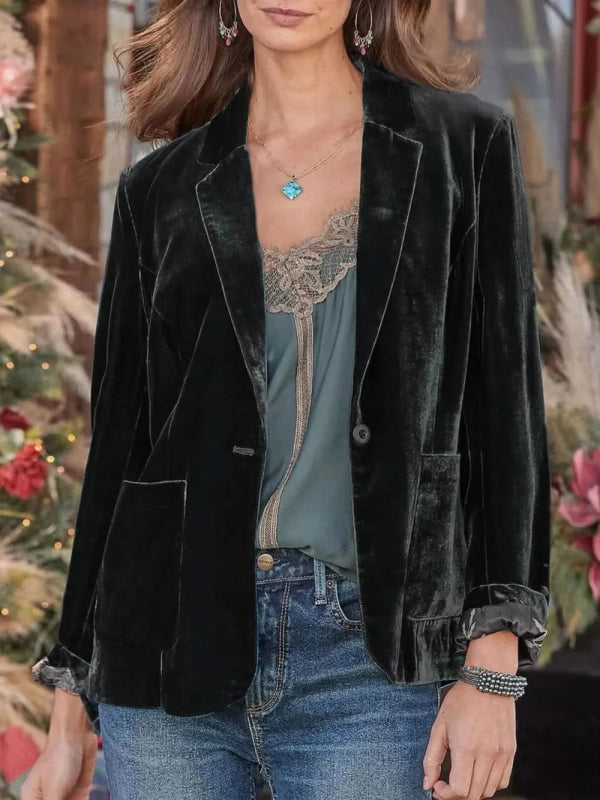 Pocketed Button Up Lapel Collar Blazer - ShalayeFashion