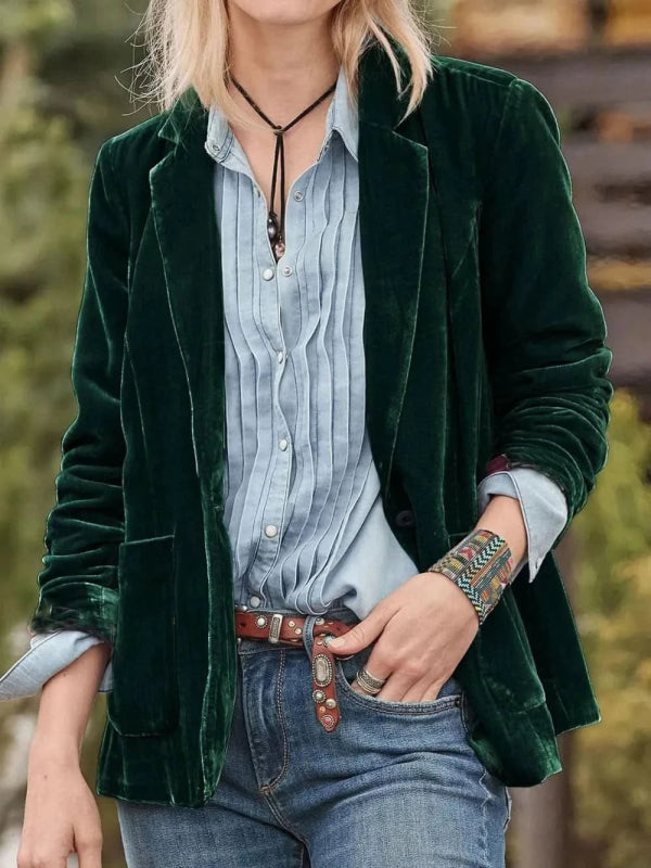 Pocketed Button Up Lapel Collar Blazer - ShalayeFashion