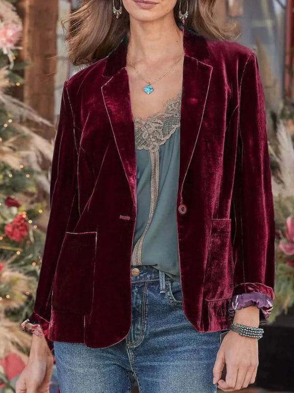 Pocketed Button Up Lapel Collar Blazer - ShalayeFashion