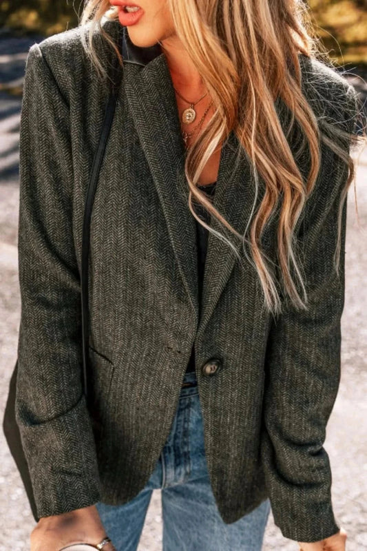 Pocketed Buttoned Long Sleeve Blazer - ShalayeFashion