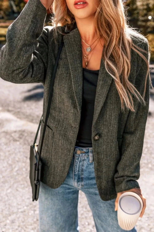 Pocketed Buttoned Long Sleeve Blazer - ShalayeFashion