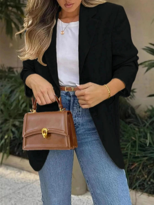 Pocketed Lapel Collar Long Sleeve Blazer - ShalayeFashion