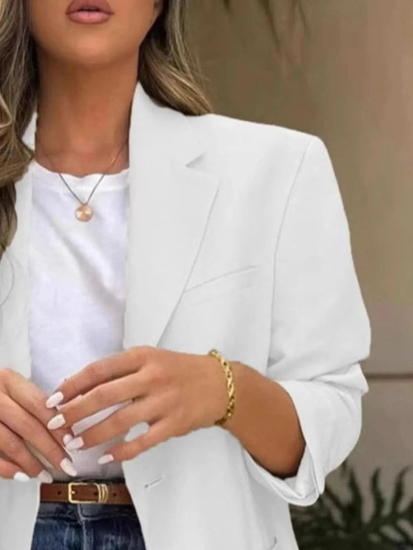 Pocketed Lapel Collar Long Sleeve Blazer - ShalayeFashion