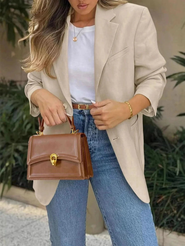 Pocketed Lapel Collar Long Sleeve Blazer - ShalayeFashion