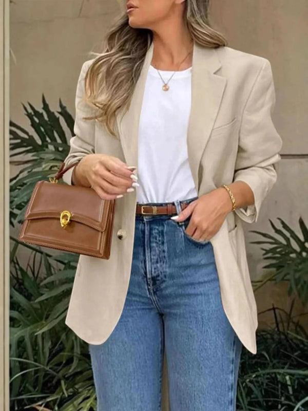 Pocketed Lapel Collar Long Sleeve Blazer - ShalayeFashion