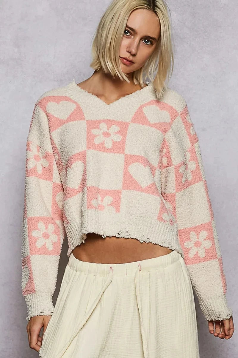 POL V - Neck Heart Pattern Checkered Sweater - ShalayeFashion