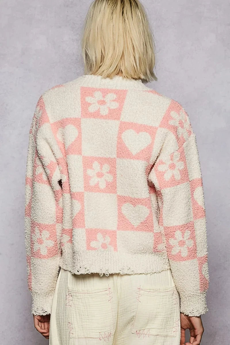 POL V - Neck Heart Pattern Checkered Sweater - ShalayeFashion