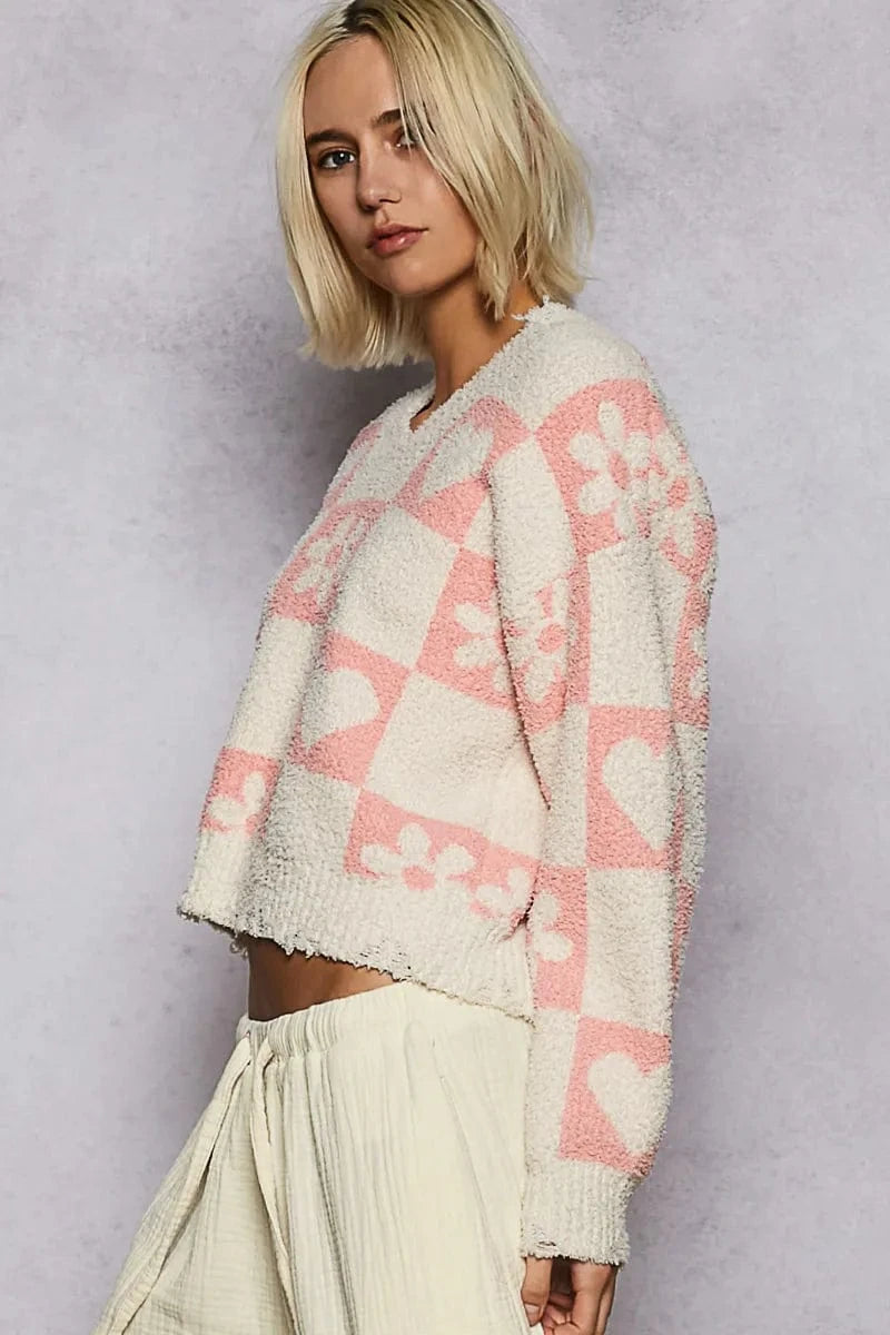 POL V - Neck Heart Pattern Checkered Sweater - ShalayeFashion