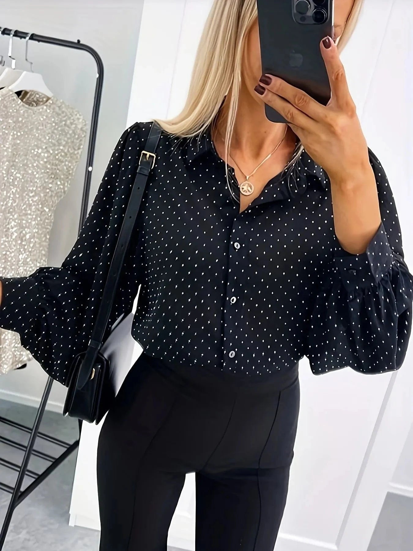 Polka Dot Oversized Button - Up Shirt - ShalayeFashion