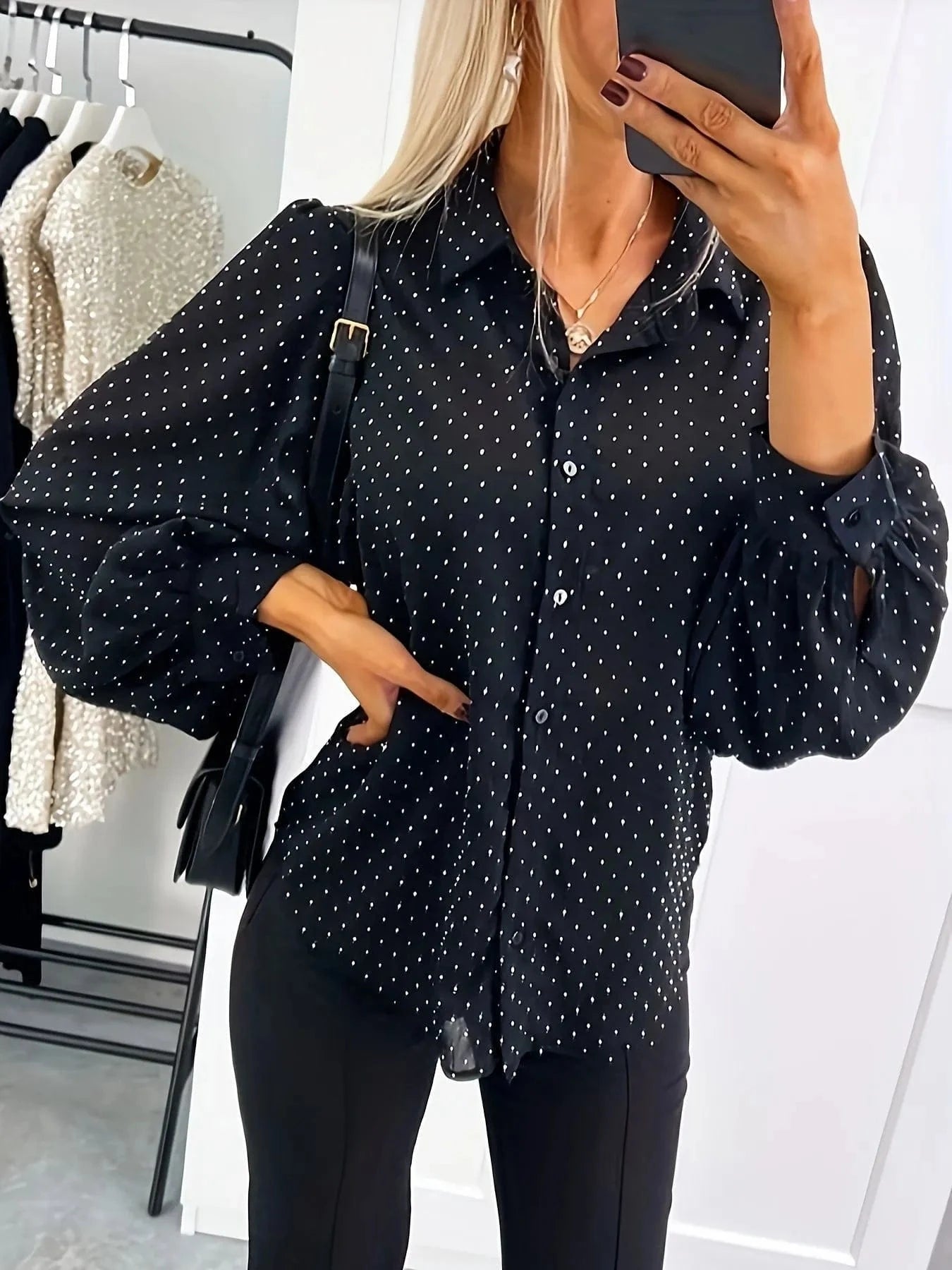 Polka Dot Oversized Button - Up Shirt - ShalayeFashion