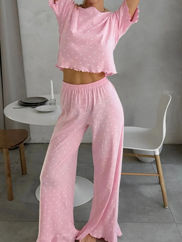 Polka Dot Round Neck Top and Pants Lounge Set - ShalayeFashion