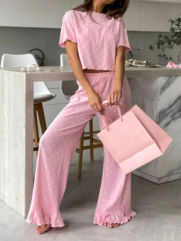 Polka Dot Round Neck Top and Pants Lounge Set - ShalayeFashion