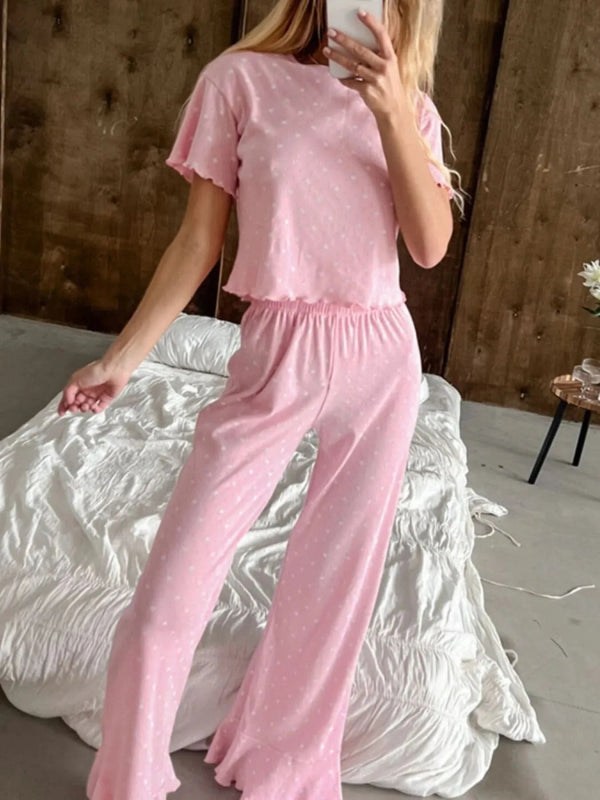 Polka Dot Round Neck Top and Pants Lounge Set - ShalayeFashion
