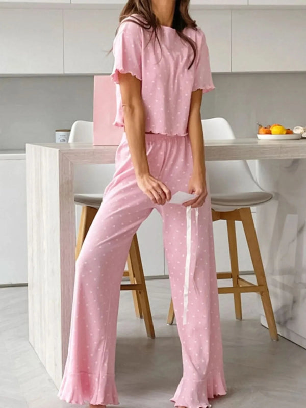 Polka Dot Round Neck Top and Pants Lounge Set - ShalayeFashion